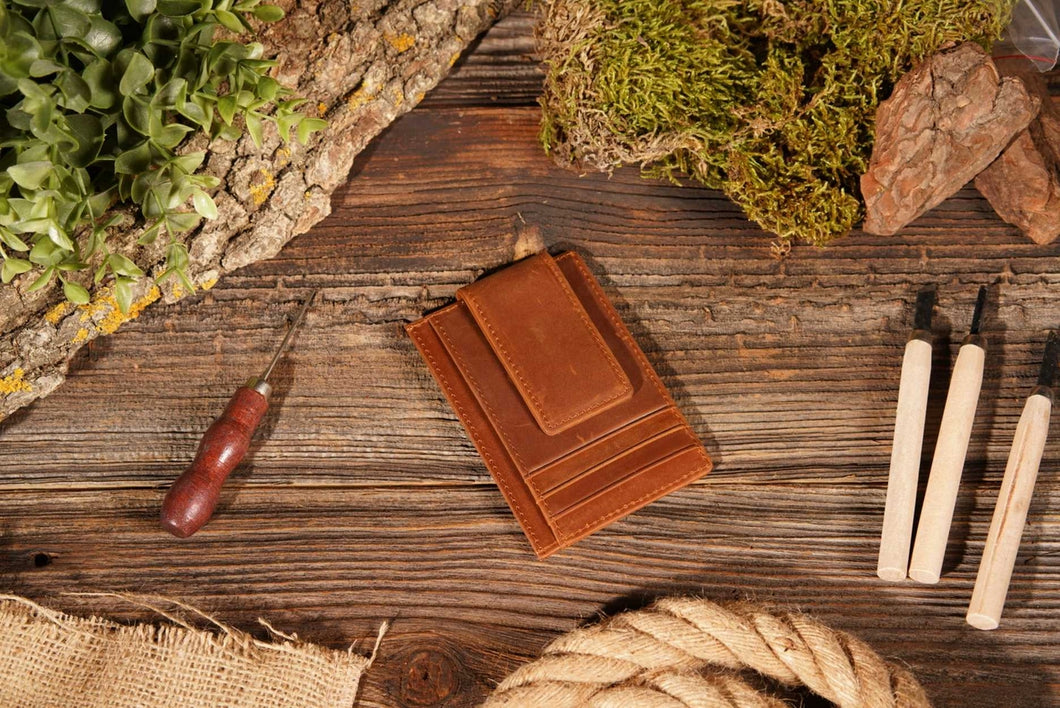 Brown Leather Wallet with Magnet Clip