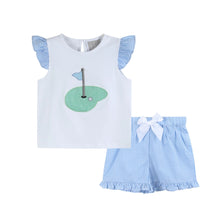 Load image into Gallery viewer, Girls Light Blue Gingham Golf Tee and Shorts 2pc Set
