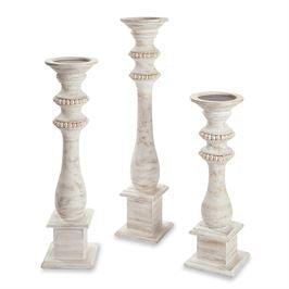 White Washed Beaded Wood Candlestick
